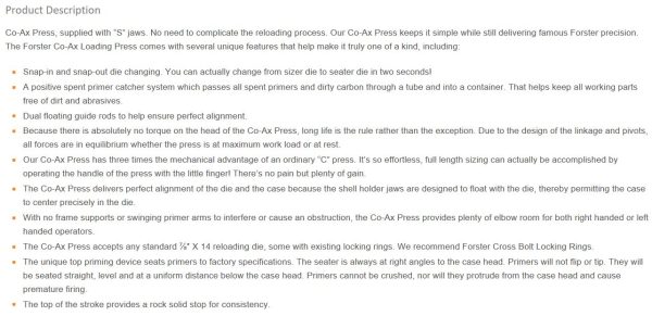 028271 Forster Co-Ax® Reloading Press with “S” Jaws