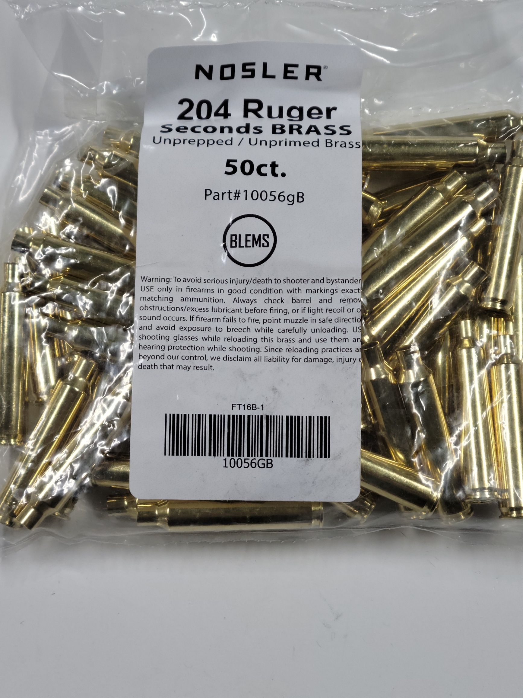 10056 Nosler Brass 204 Ruger Cartridge Brass Box of 50 BLEM