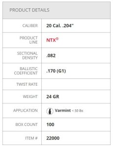 22000 Hornady 20 Cal .204" 24 gr NTX LEAD FREE Box 100