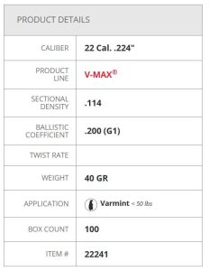 22241 Hornady 22 Cal .224 40 gr V-MAX® Box 100