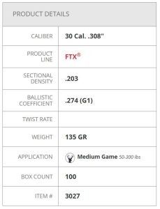 3027 Hornady 30 Cal .308 135 gr FTX Bullets Box 100