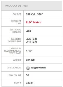 33381 Hornady ELD Match Bullets .338 cal 285 gr Box 50